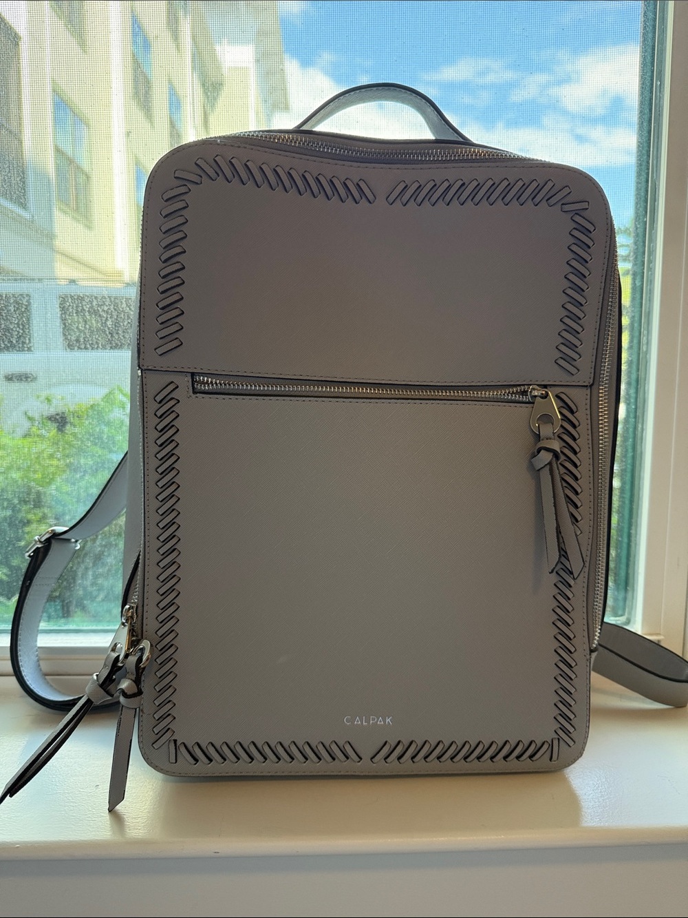 Calpak Gray Square Leather Backpack with Front Zip Pocket
